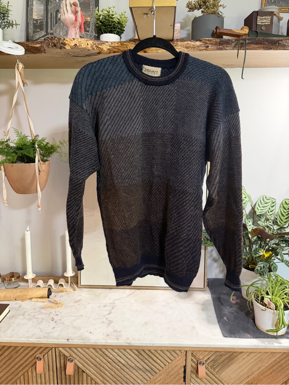 Intiwara Vintage Alpaca Wool Crewneck Sweater from Bolivia - muted stripes
